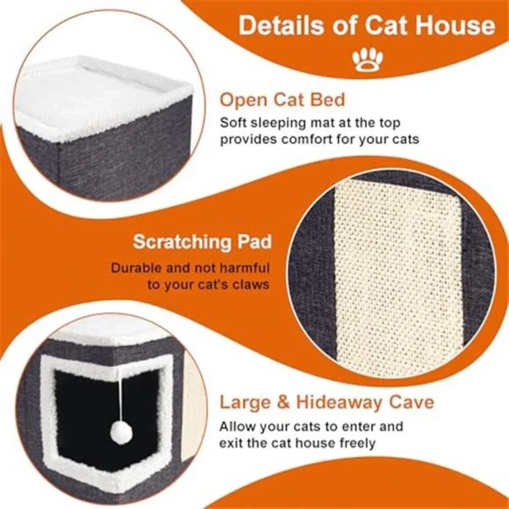 Cat House Indoor Large Cat Bed Condo with Scratch Pad Foldable Cat Cave Grey